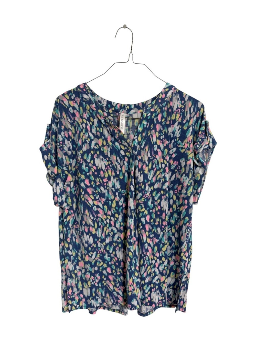 Dear Scarlett XL Blue Patterned Short Sleeve Blouse Coastal Grandma Boho Chic